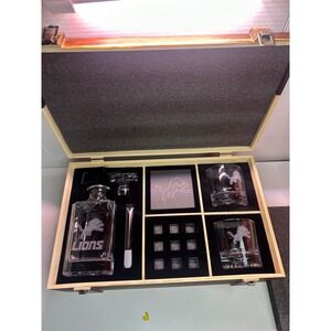 Detroit Lions Whiskey Decanter Set with Glasses Stones and Wooden Box NFL Gift